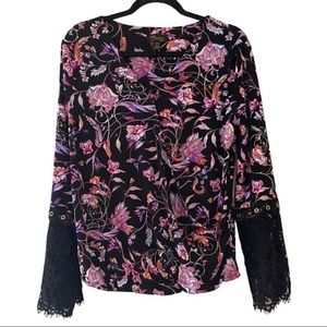 Moody Floral Boho Bell Sleeve Faux Wrap Lace Floral Top